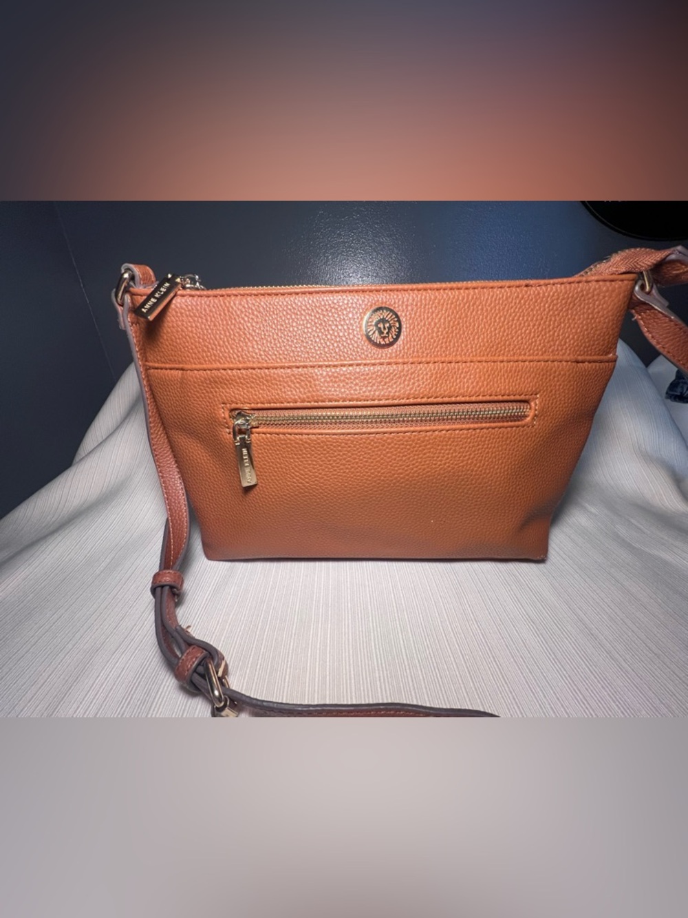 Anne Klein Tan Pebbled Leather Crossbody with Gold-Tone Hardware